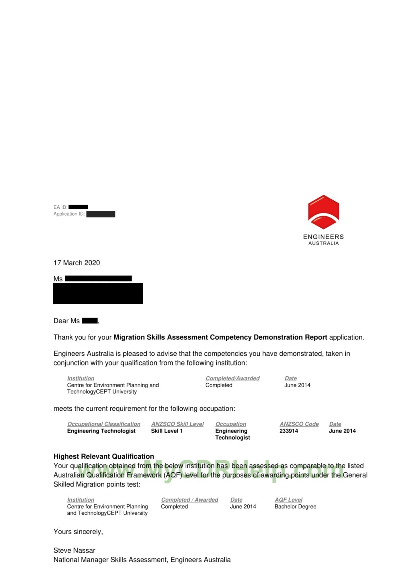 CDR Letter 2020 1