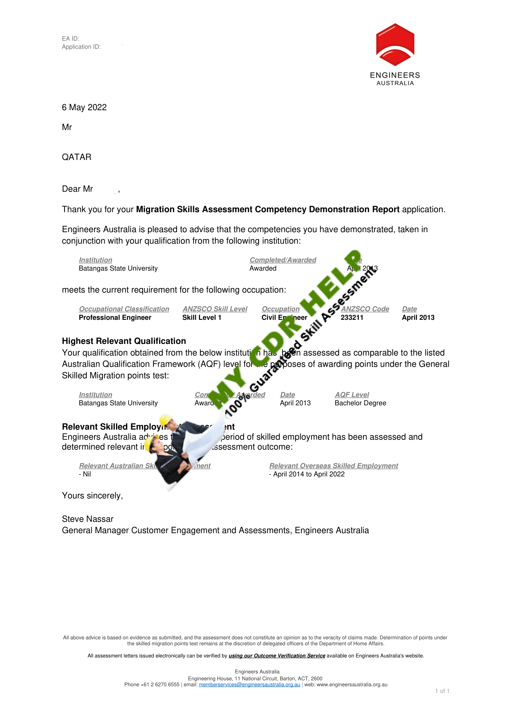 EA Approved CDR engineer letter May 2022