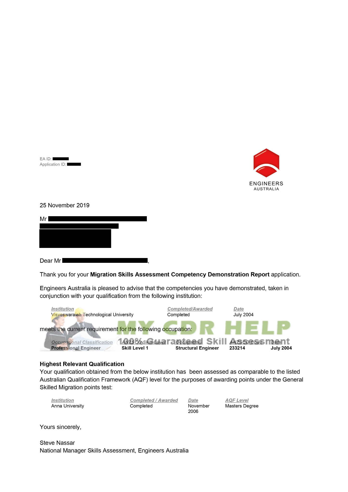 CDR Letter Nov 2019