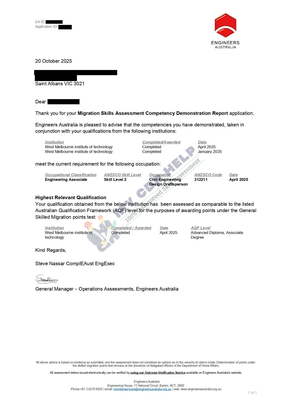 EA Approved CDR Outcome Letter 20 October 2025