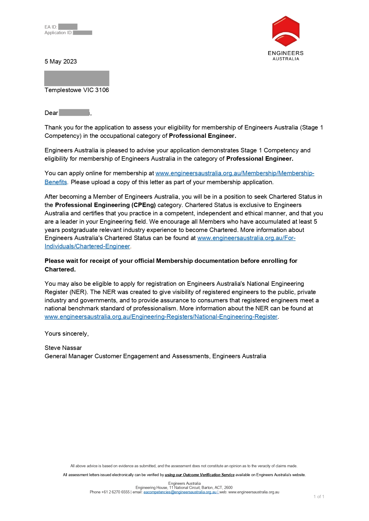 CDR Engineer Letter 30 march